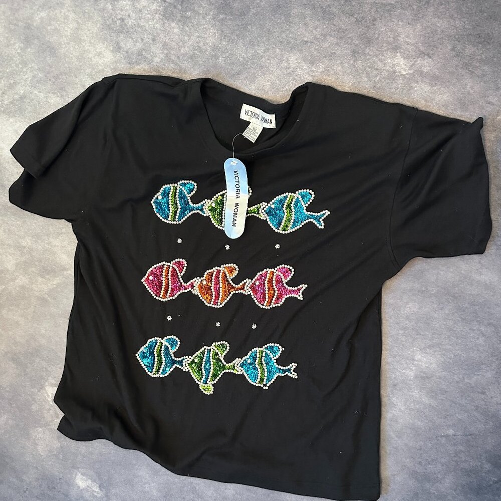 NWT Size 2X VTG Victoria Woman Black Shirt with Pink Blue Green Sequin Fishies!